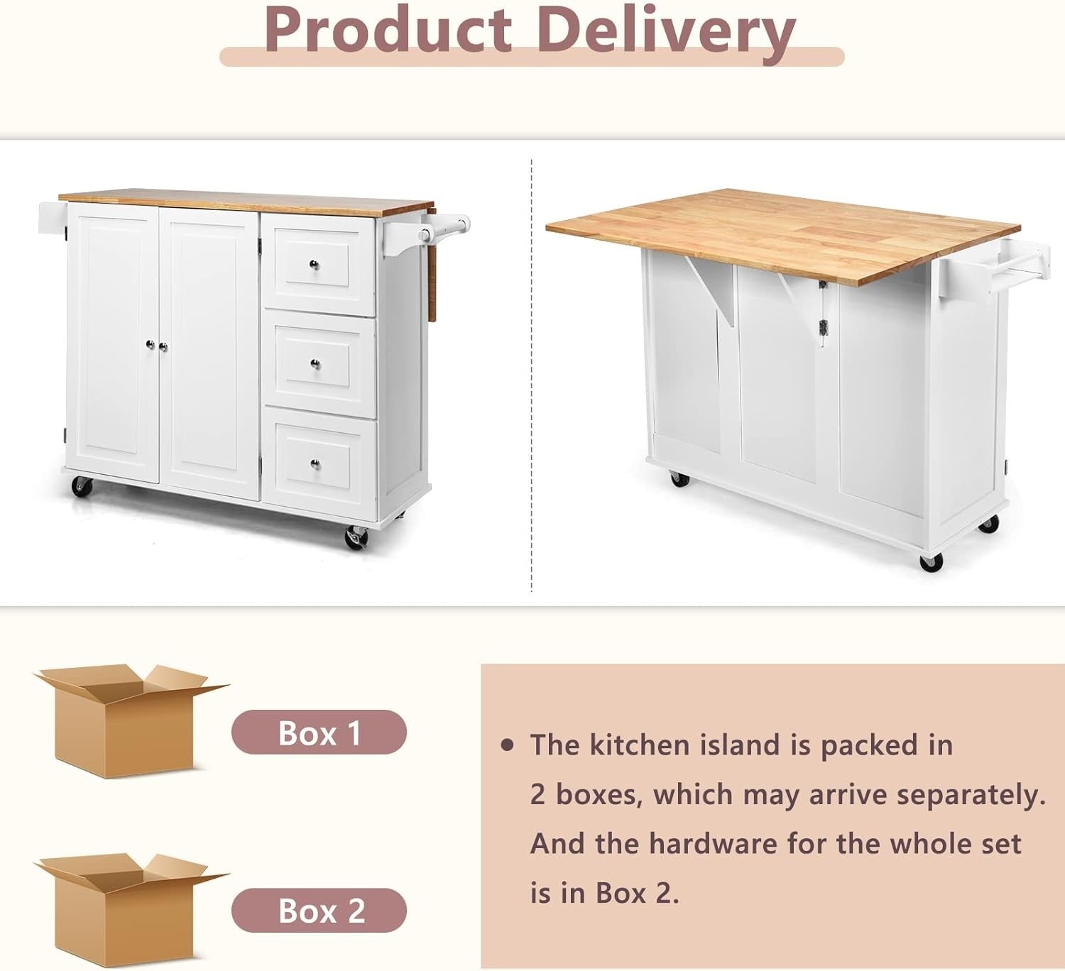 Large Rolling Kitchen Island Extendable Worktop White