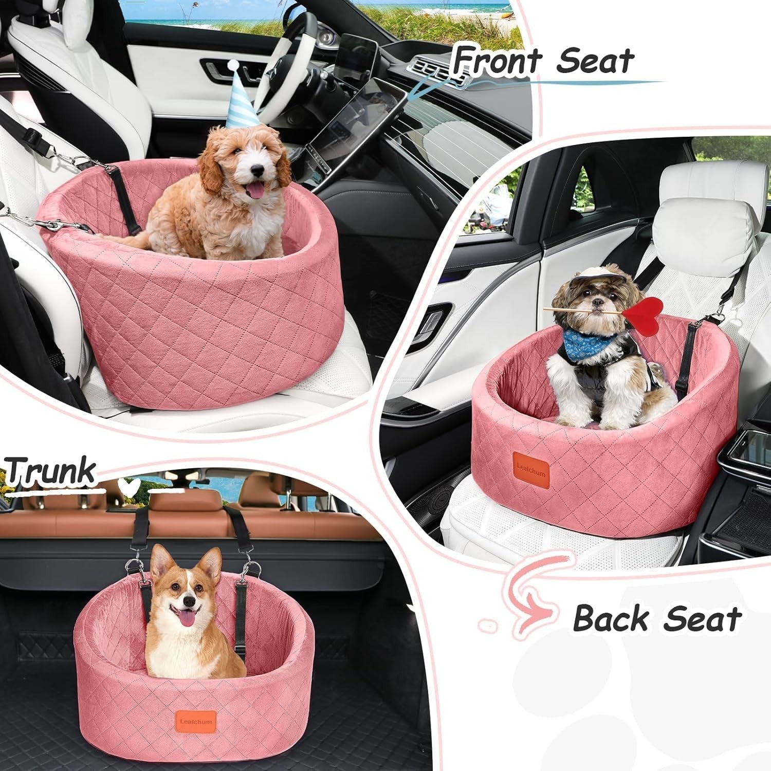 Pink Dog Car Seat Bed Memory Foam Booster Travel Carrier w 2 Leashes
