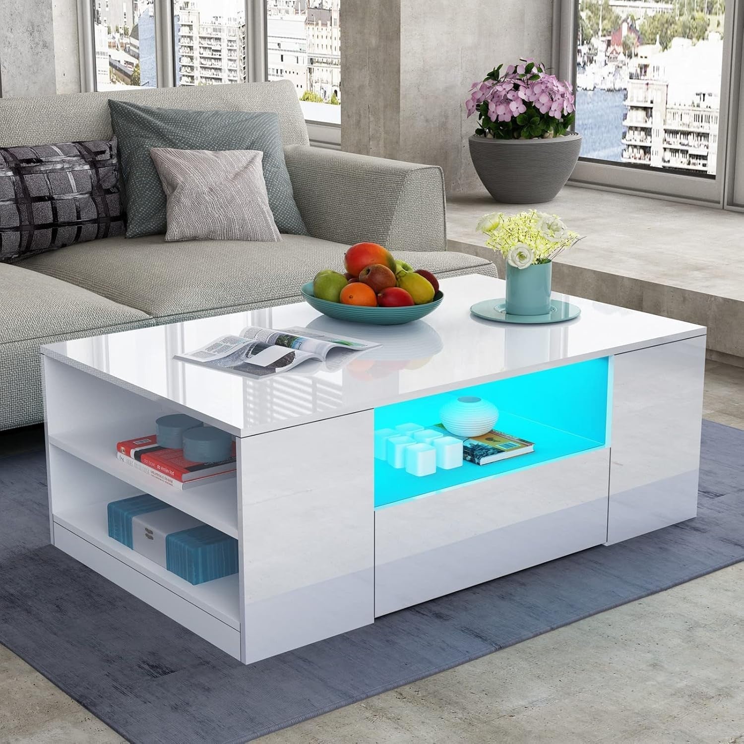 Modern White Gloss Coffee Table with LED Lights & Storage – 95x55x37cm