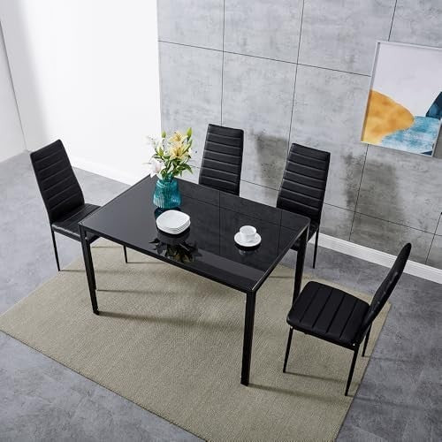 Modern Black Glass 120x80cm Dining Table Set with 4 Faux Leather Chairs