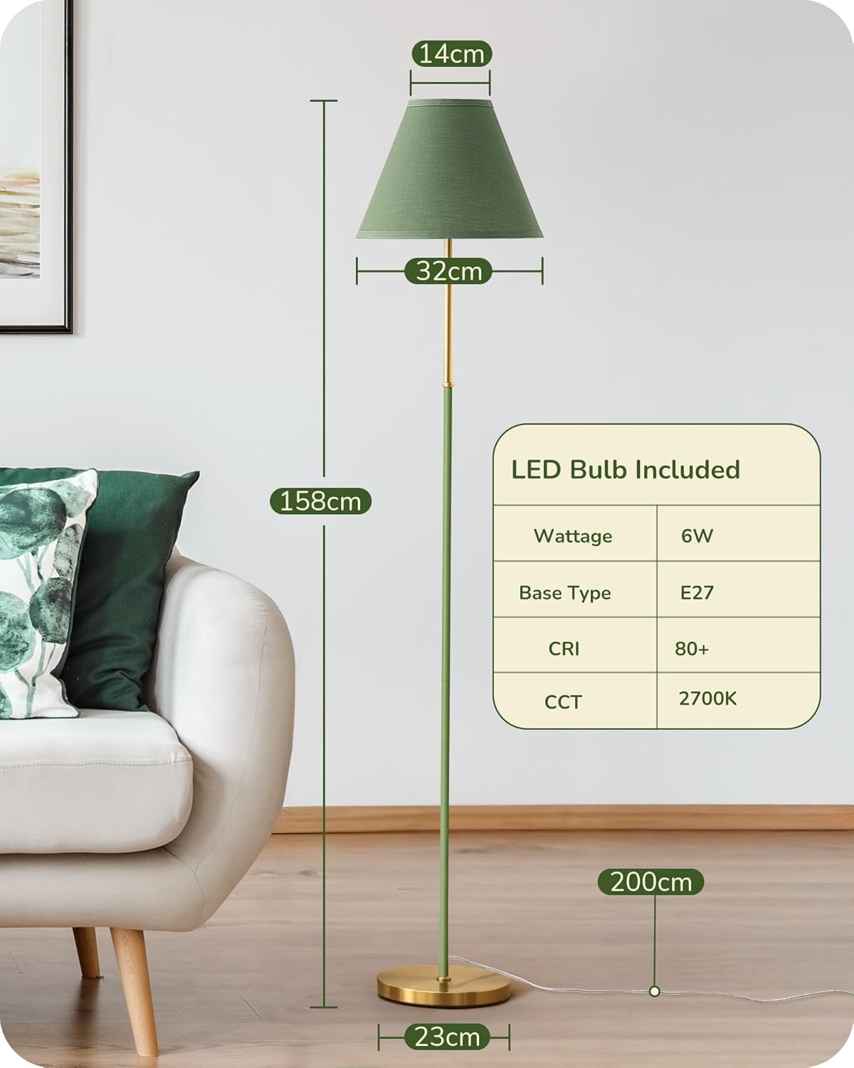 Retro Floor Lamp Tall Standing Light Linen Shade E27 Foot Switch Green