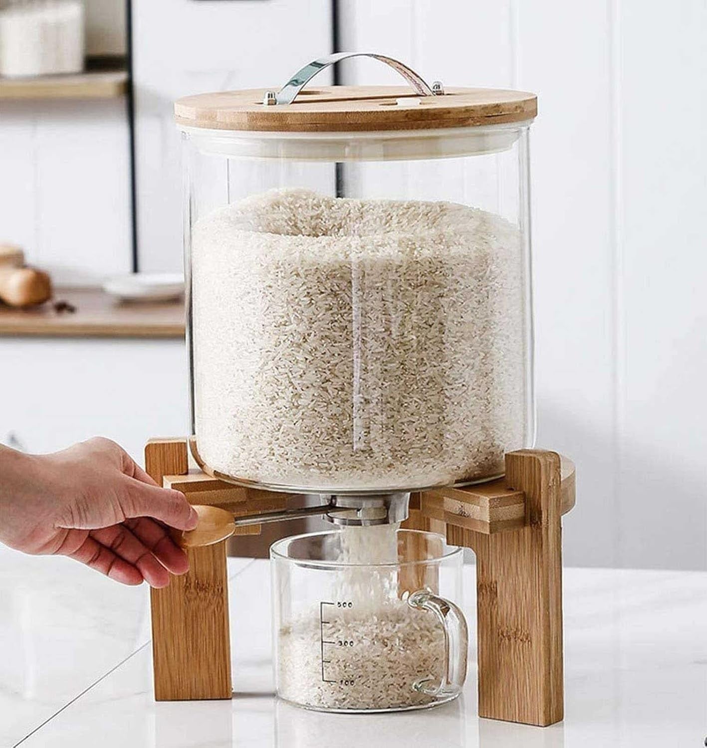 Glass Rice Dispenser 8L Airtight Storage Container Wooden Stand Bin