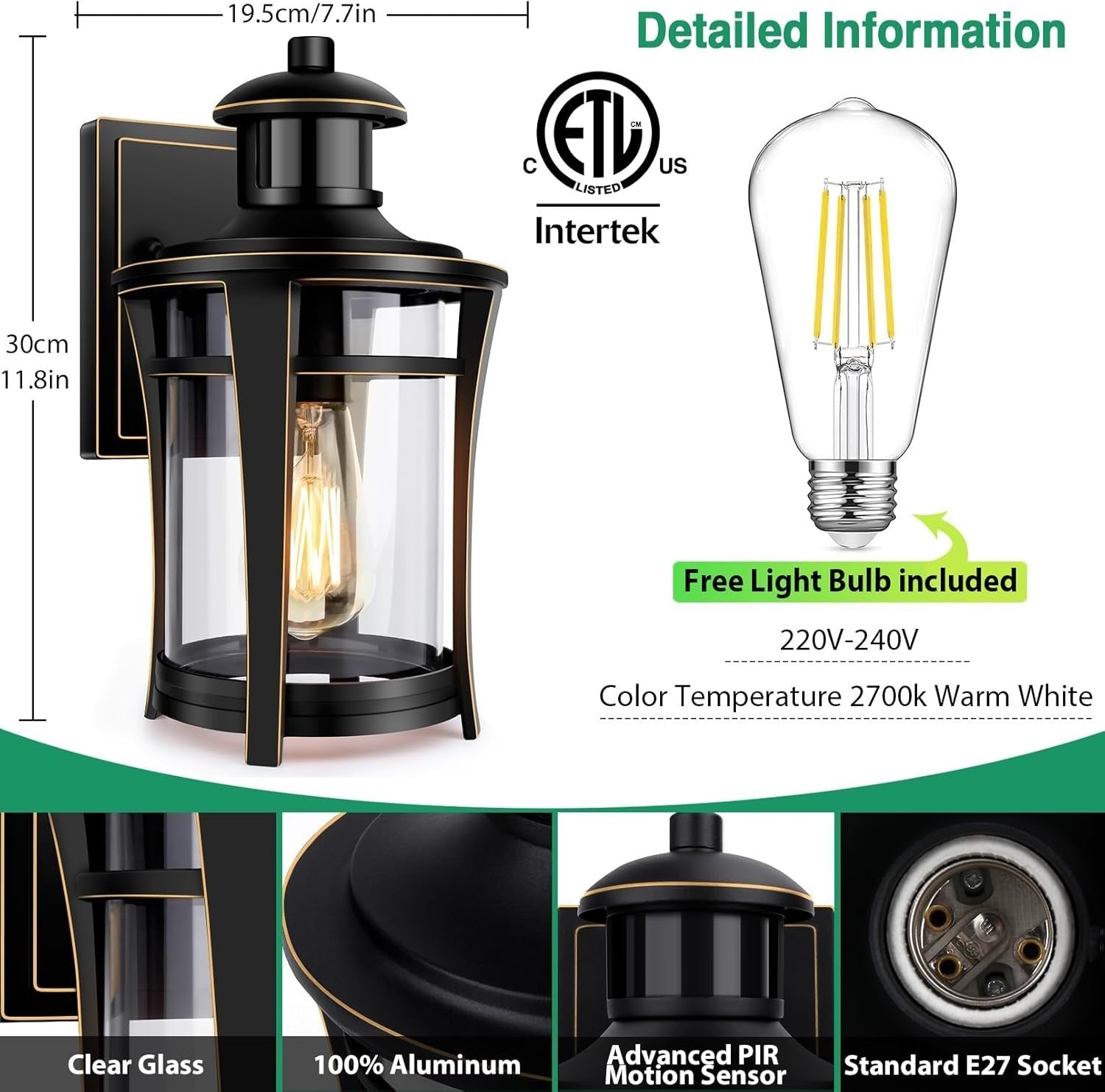 Outdoor Wall Light Black Gold Motion Sensor Waterproof