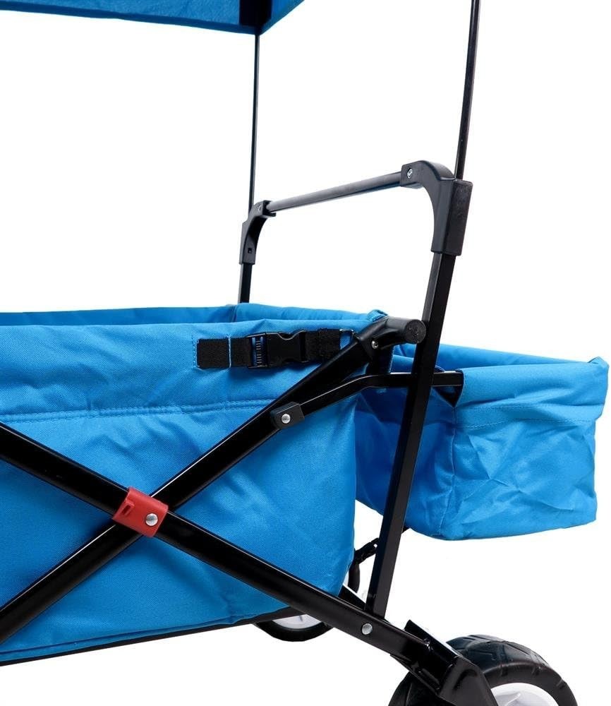 Blue Folding Wagon w/ Canopy Compact Pull Cart Outdoor Garden Trolley w/ Bag