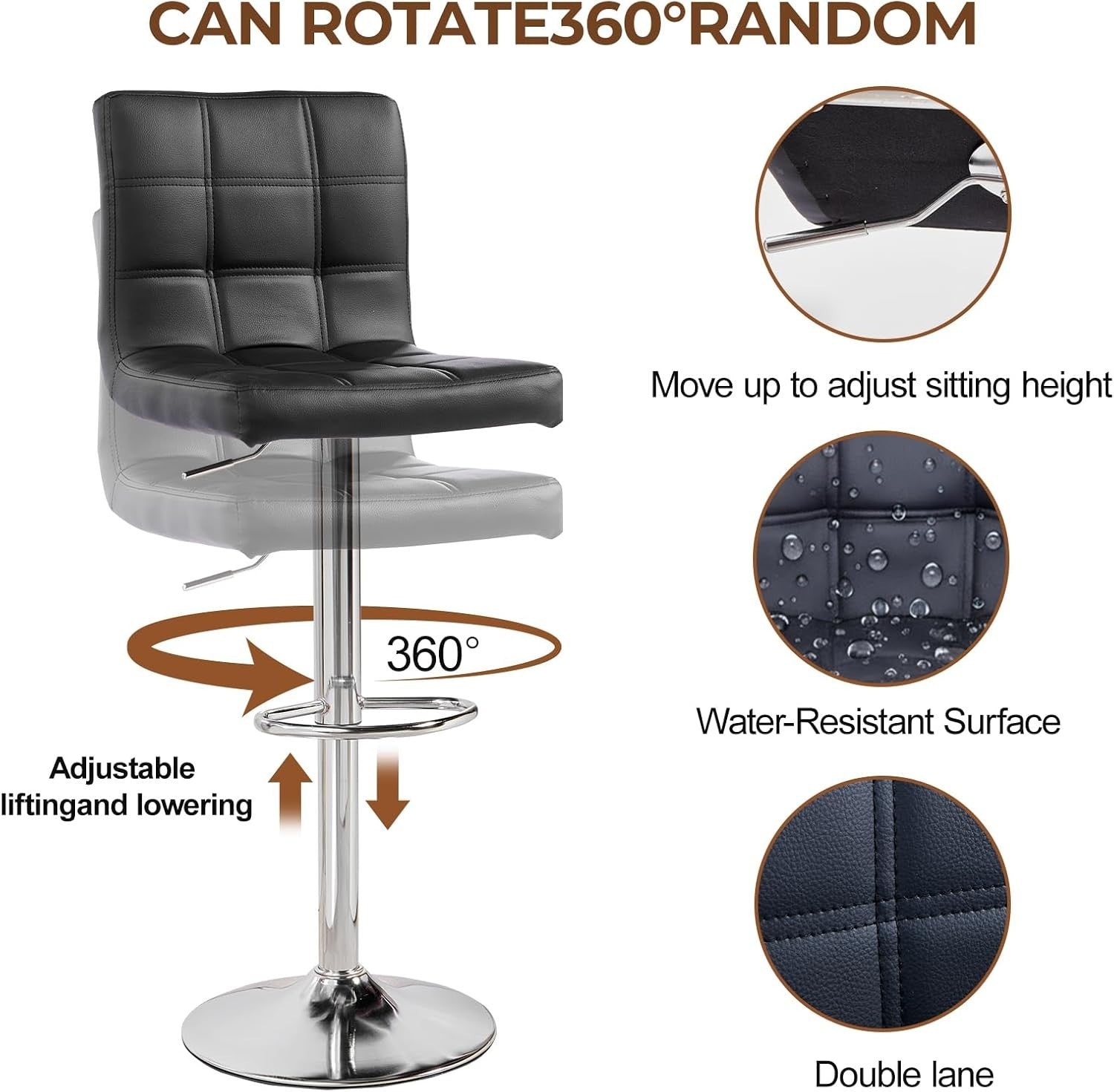 2PC Black PU Leather Bar Stools – Adjustable 360° Swivel Kitchen Chairs