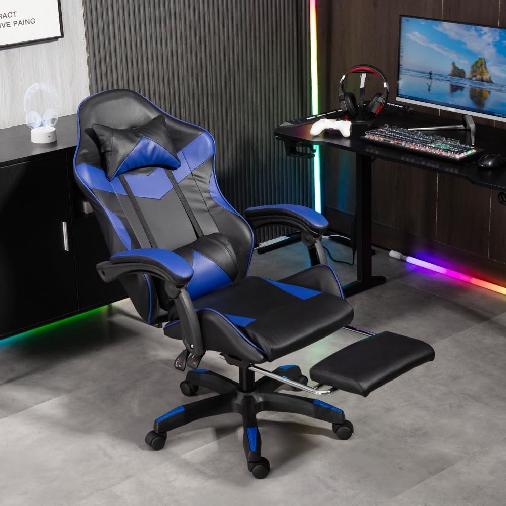 Ergonomic Gaming Chair Swivel Office Chair w/ Lumbar Support Blue