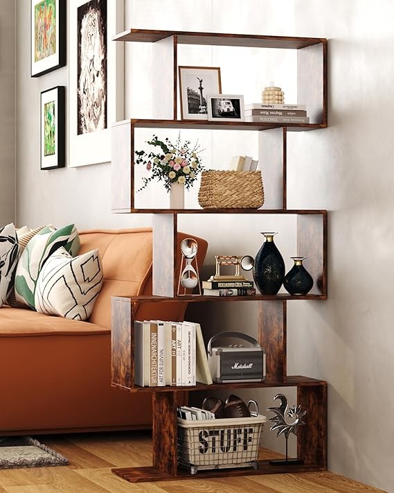 Rustic Brown 5-Tier S-Shaped Geometric Bookshelf Modern Display Storage Unit