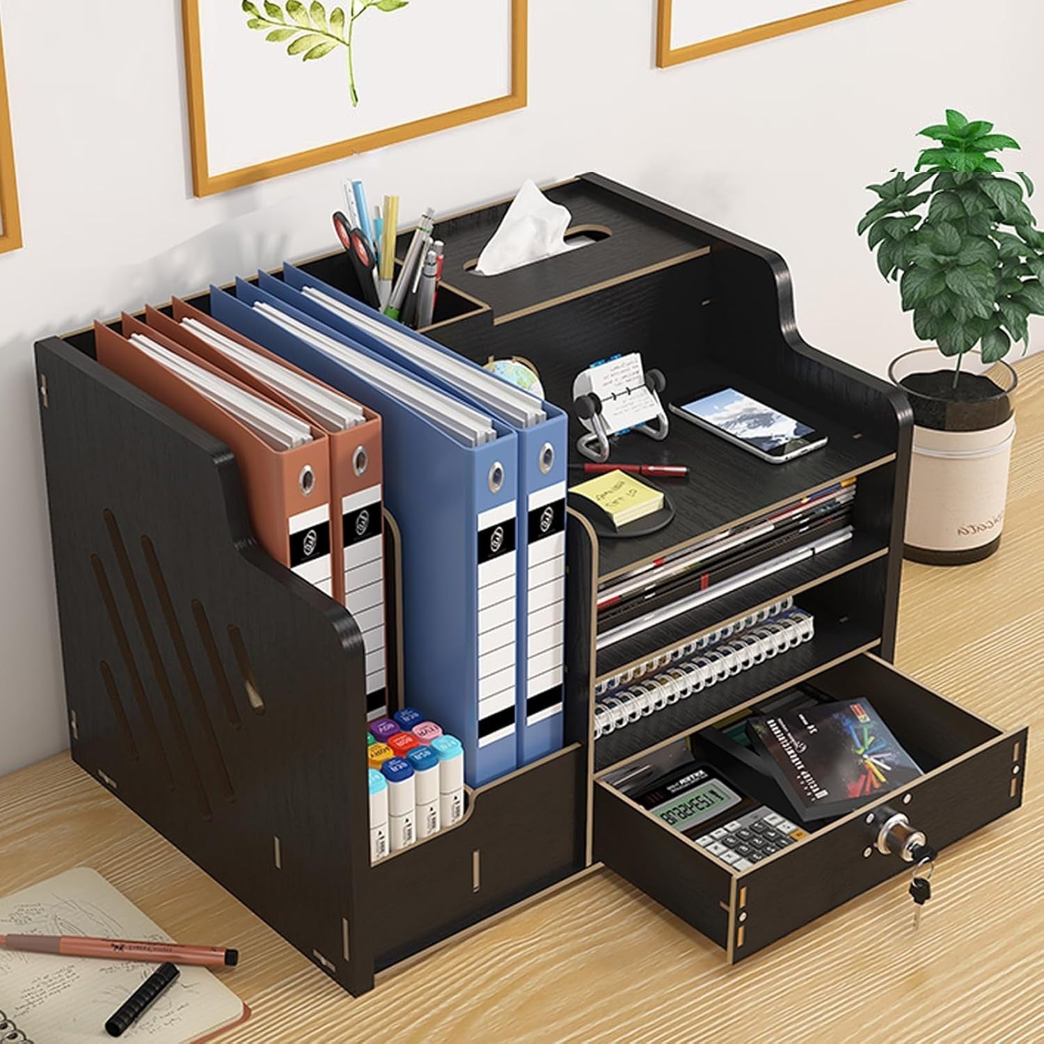 Black Desk Organiser with Drawer 9-Compartment Desktop Storage