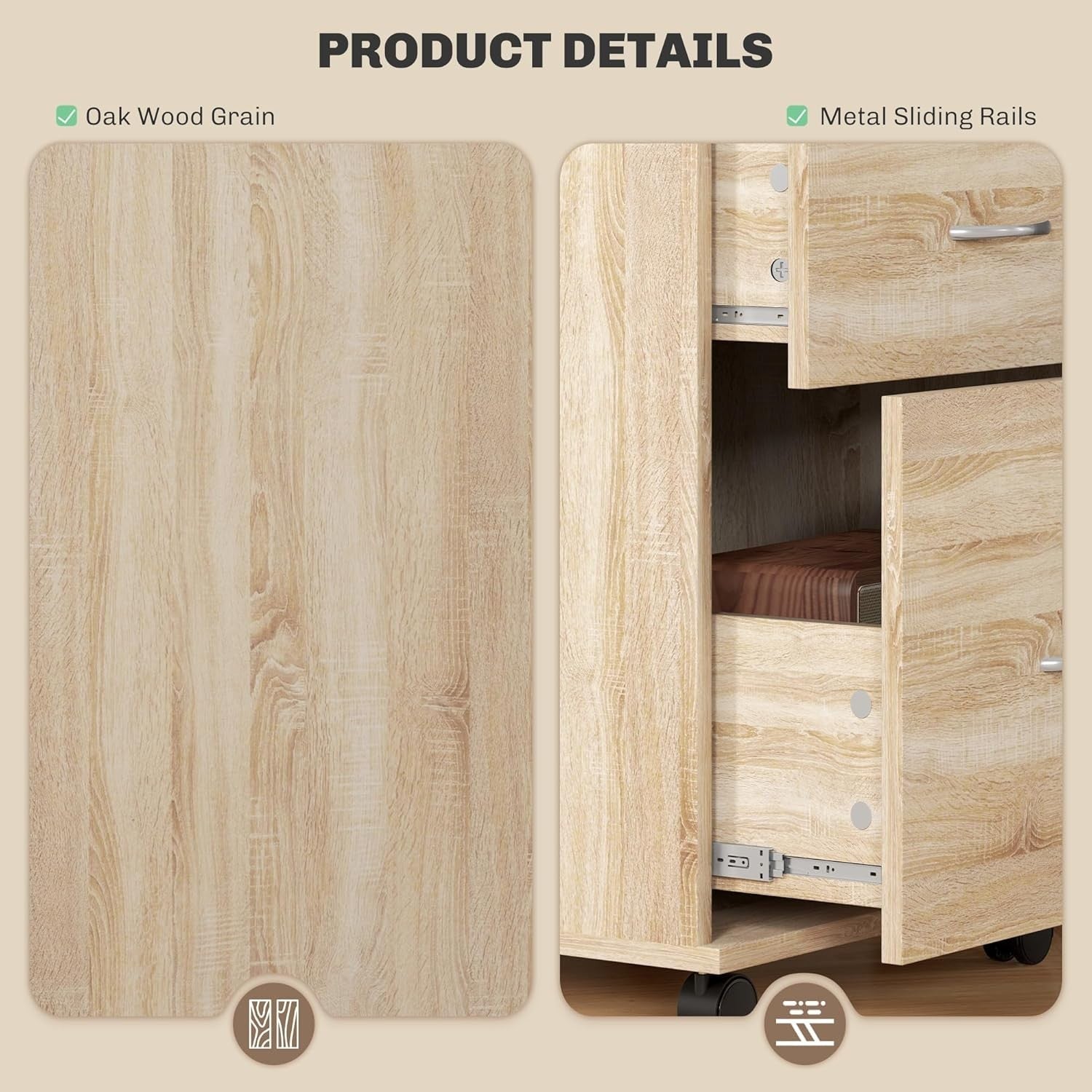 Oak Effect Locking Rolling File Cabinet 2 Drawer Under Desk Printer Unit