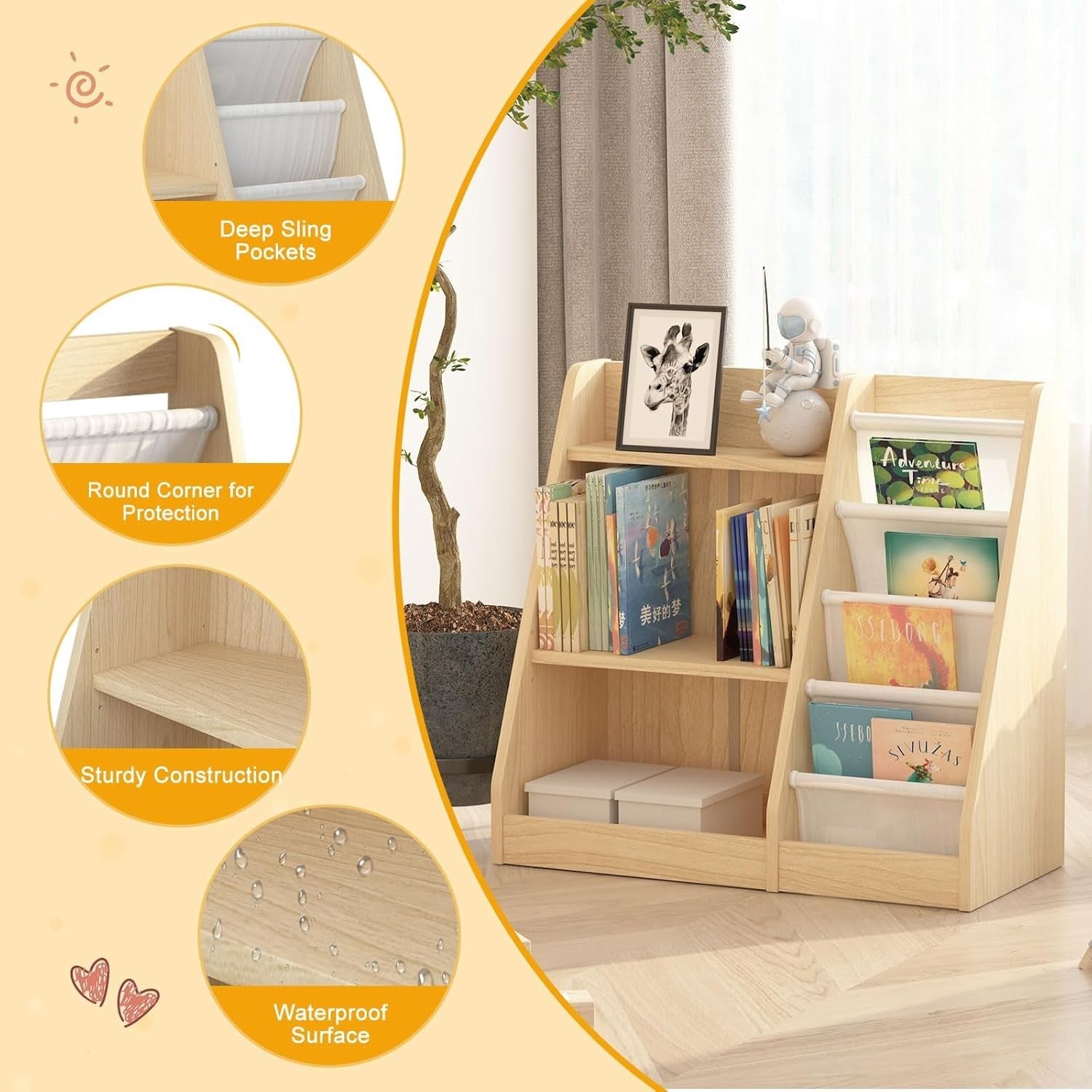 Kids Wooden Bookshelf Toy Storage Rack Montessori Organizer for Nursery Room