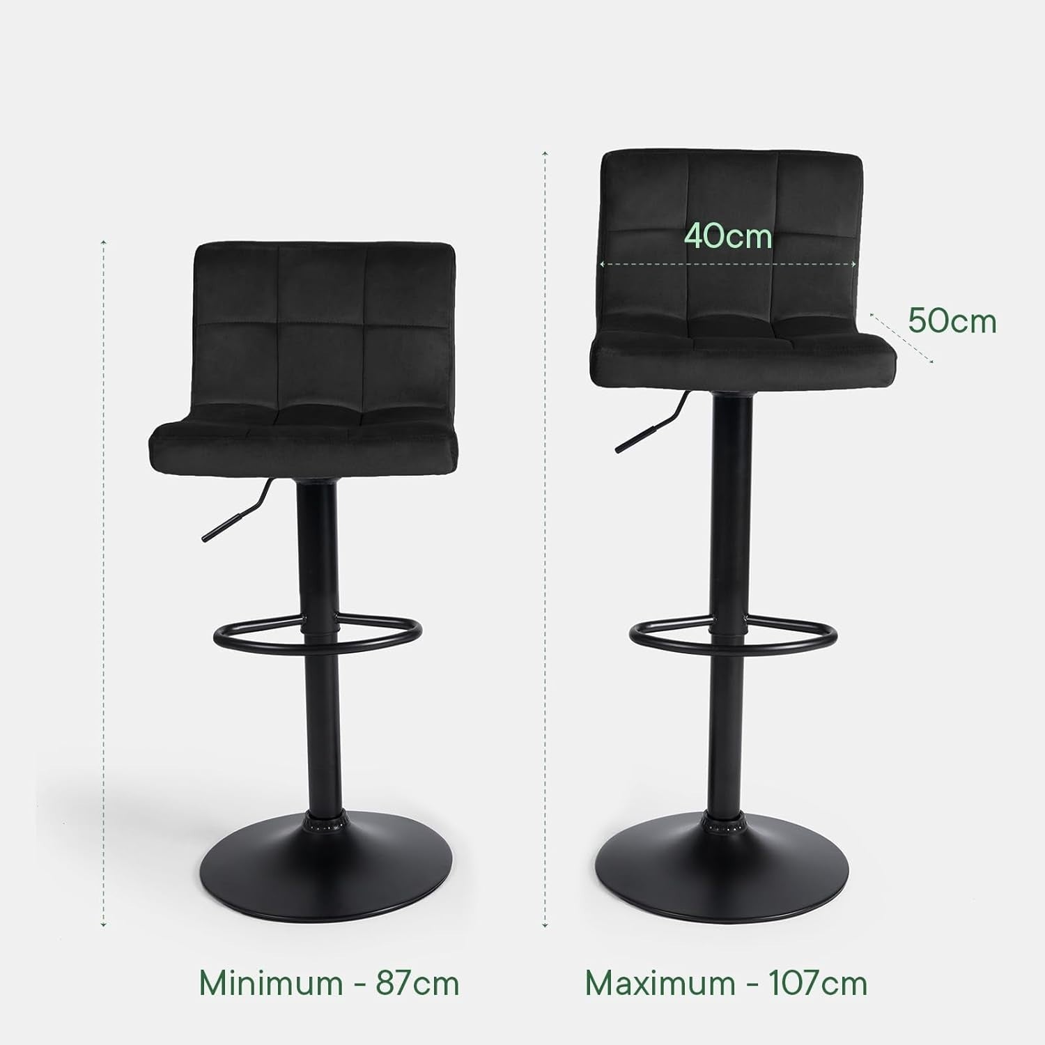 Set of 2 Adjustable Black Velvet Bar Stools with Swivel & Footrest