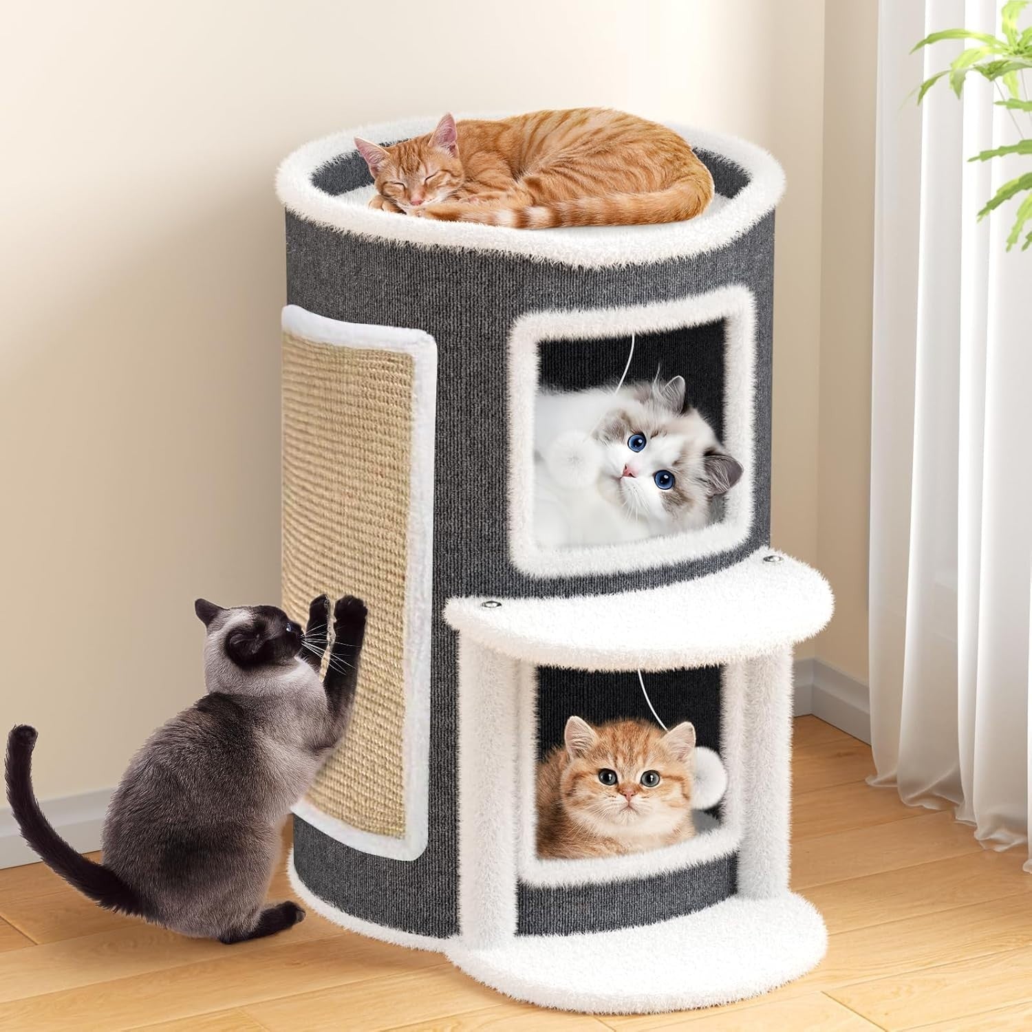 2 Tier Cat House Condo Large Cat Cave Bed w Scratch Pad Hanging Ball