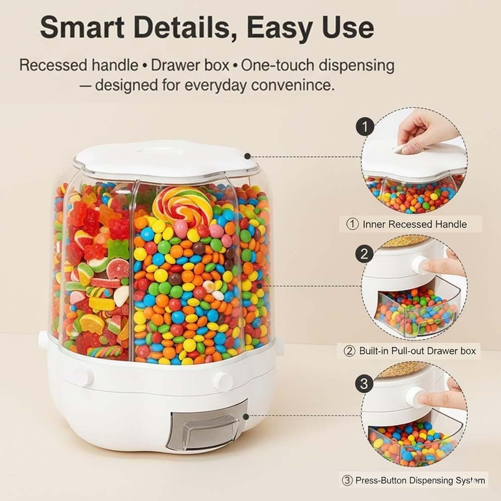 360° Rotating Candy Dispenser 6 Compartment Grain Snack Storage Bin