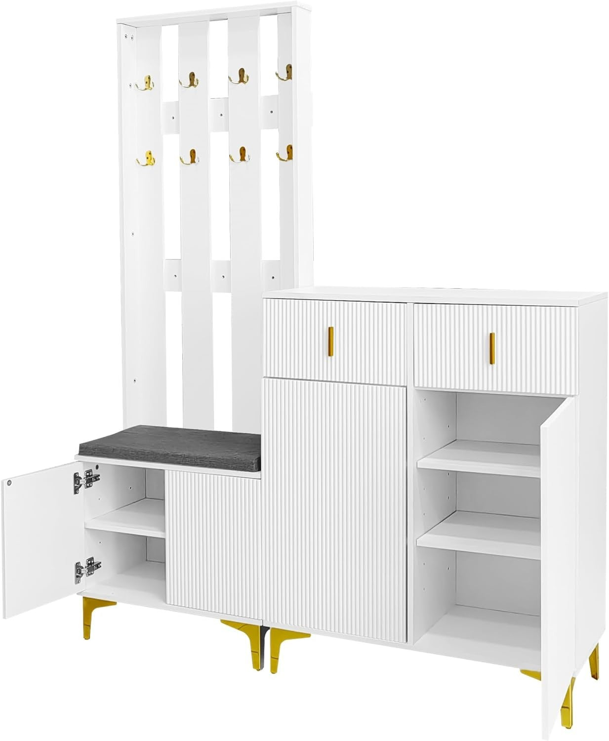 Modern Hallway Coat Rack with Shoe Storage Bench & Drawers – White 180cm