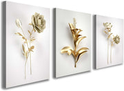 3-Piece 3D Gold Flower Canvas Wall Art – Luxury Modern Floral 12x16in