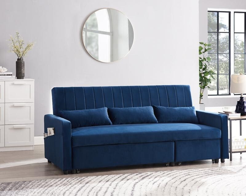 Blue Velvet 3 Seater Sofa Bed Pull Out Storage Chaise Guest Sleeper