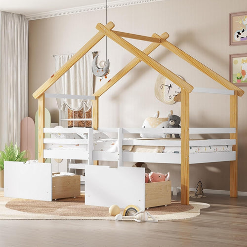 Kids Cabin Bed 3FT with Ladder & 2 Storage Drawers White Natural 90x190cm