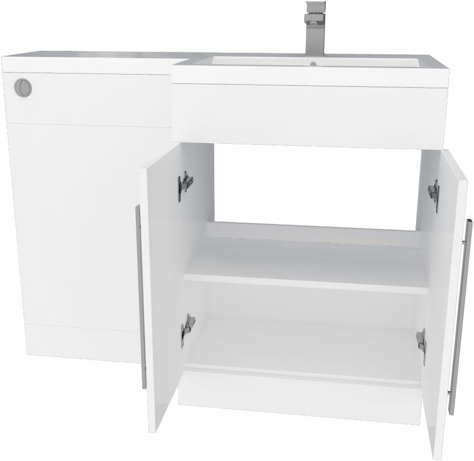1100mm L Shape Right Hand Vanity Unit with Basin Sink & BTW Toilet Gloss White