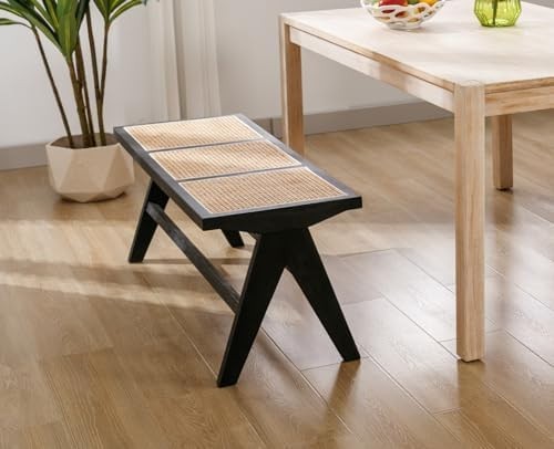 Rustic Wooden Rattan Bench Dining Entryway Seating Ottoman for Home Decor