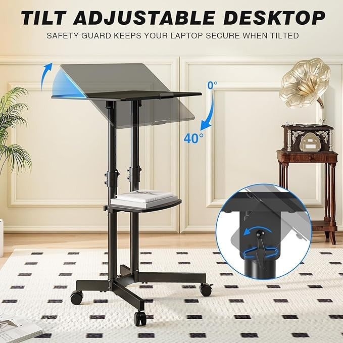 Standing Desk Laptop Table Adjustable Height with Wheels 60x40cm Tilt Top