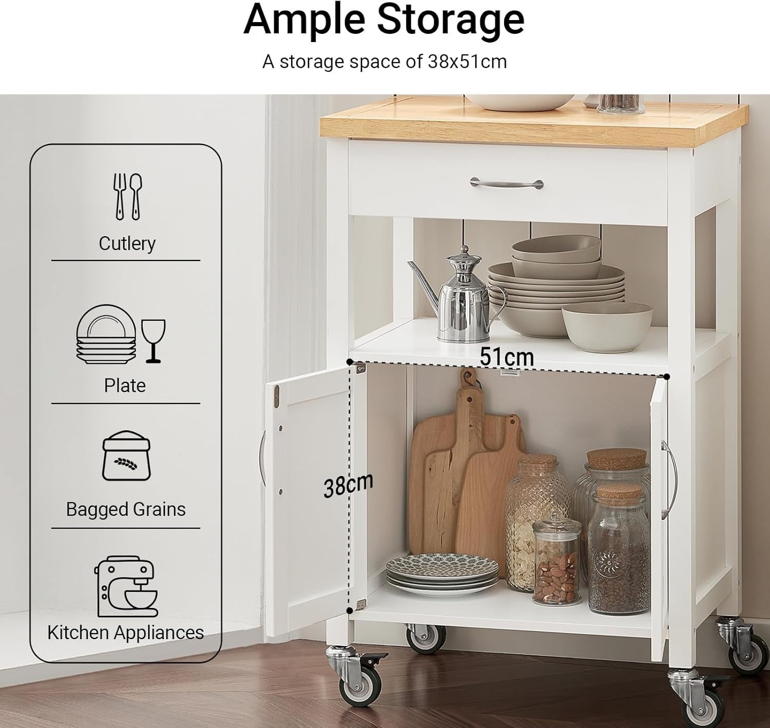 Kitchen Trolley Cart with Rubber Wood Top Storage Cabinet