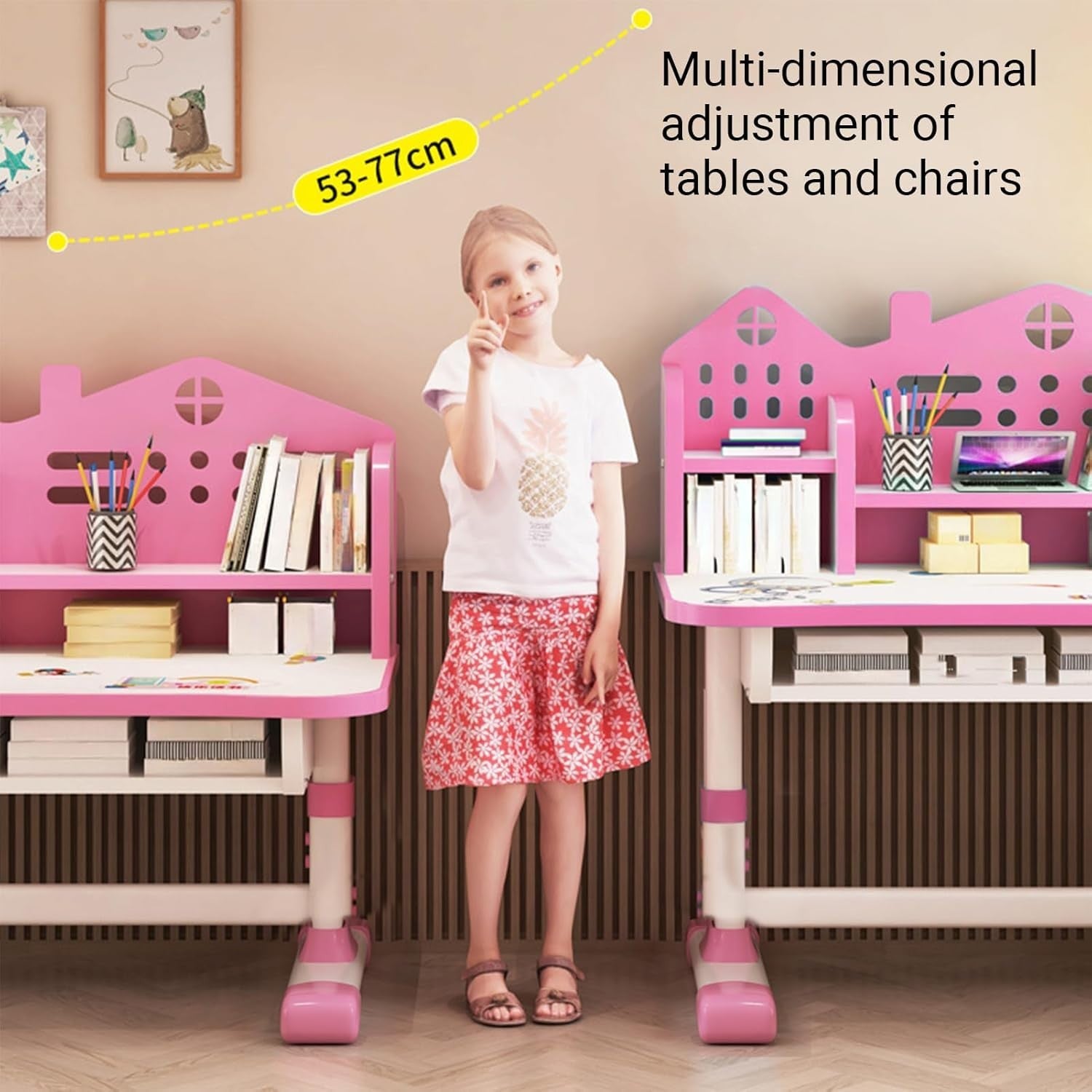 Kids Study Desk & Chair Set Height Adjustable Writing Table with Bookshelf Pink