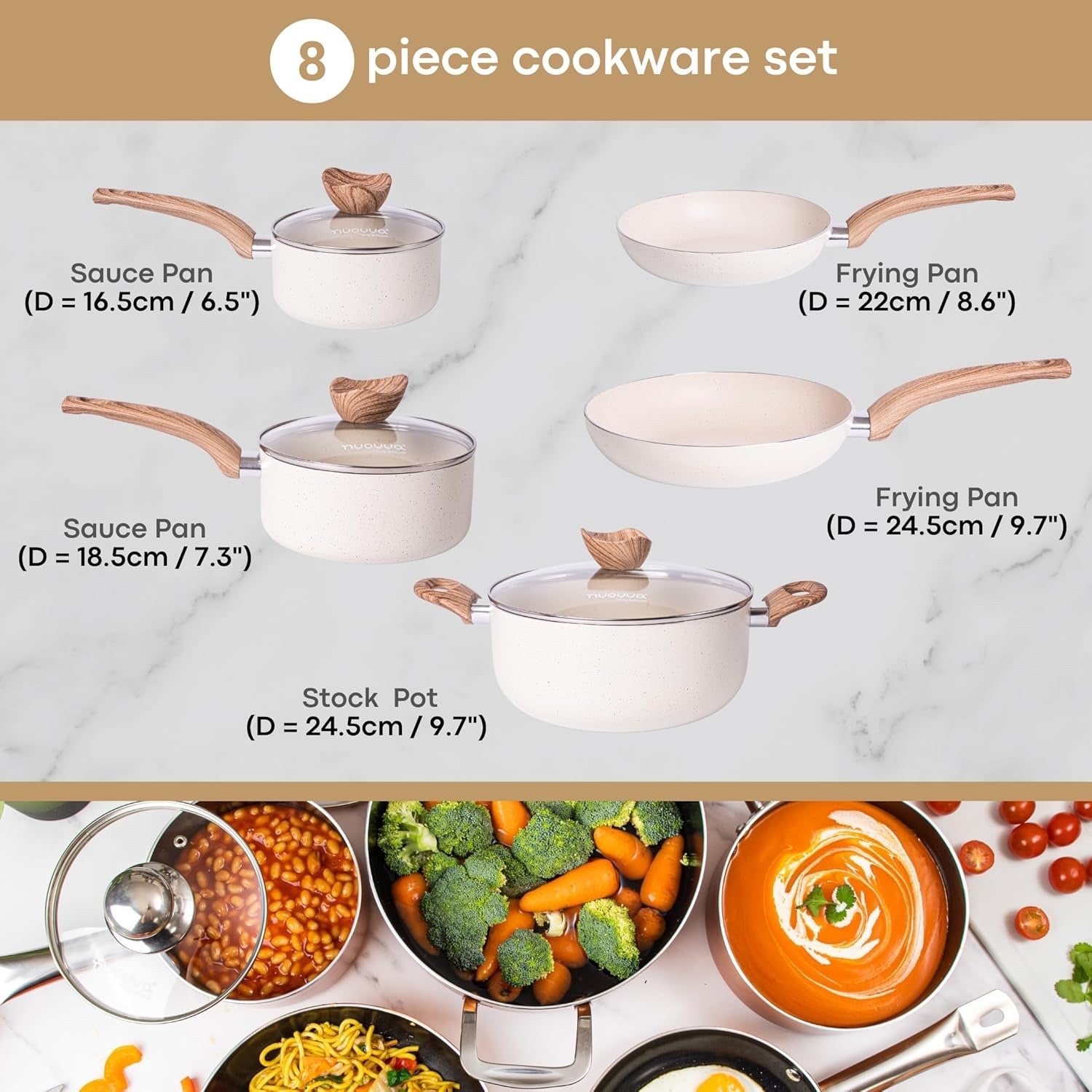 8pcs Cream Granite Non Stick Cookware Set with Lids – Induction Safe Pots