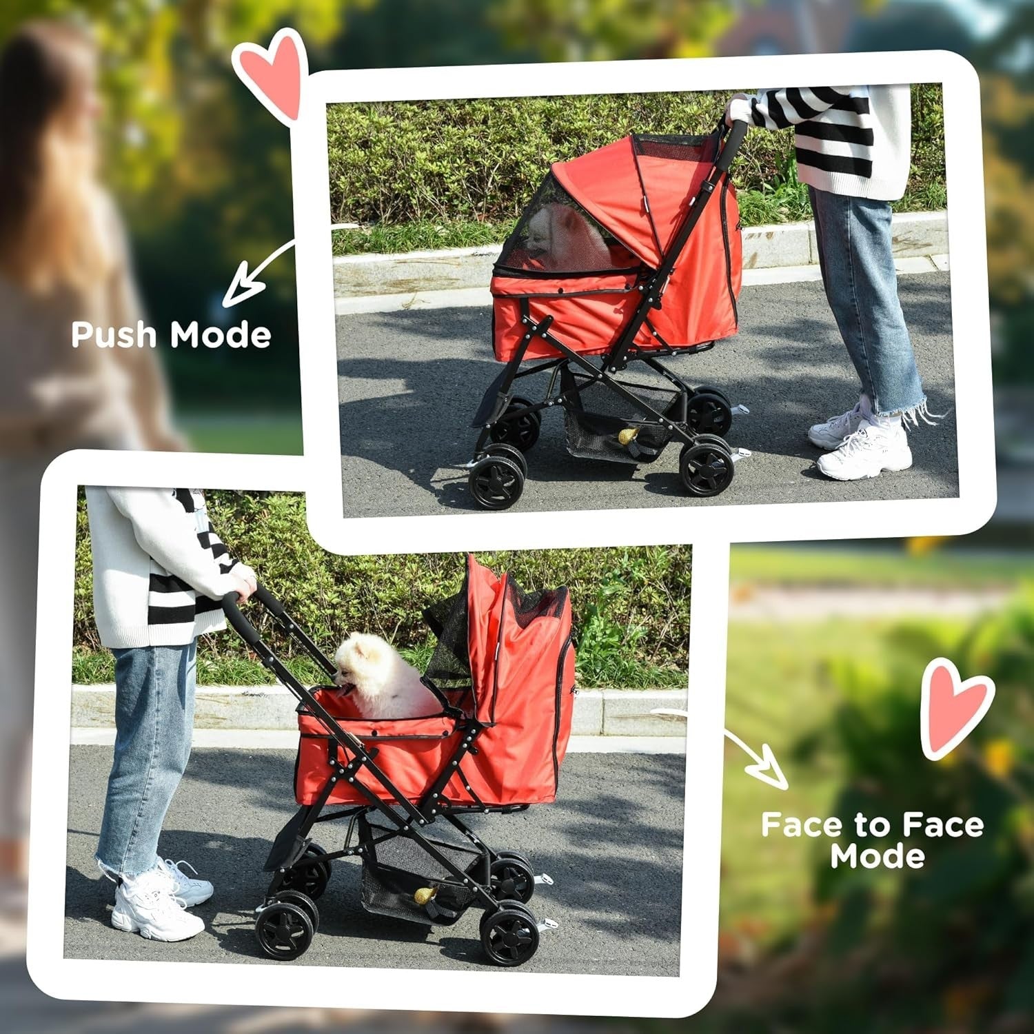 Red Foldable Dog Pushchair Reversible Handle Pet Stroller EVA Wheels