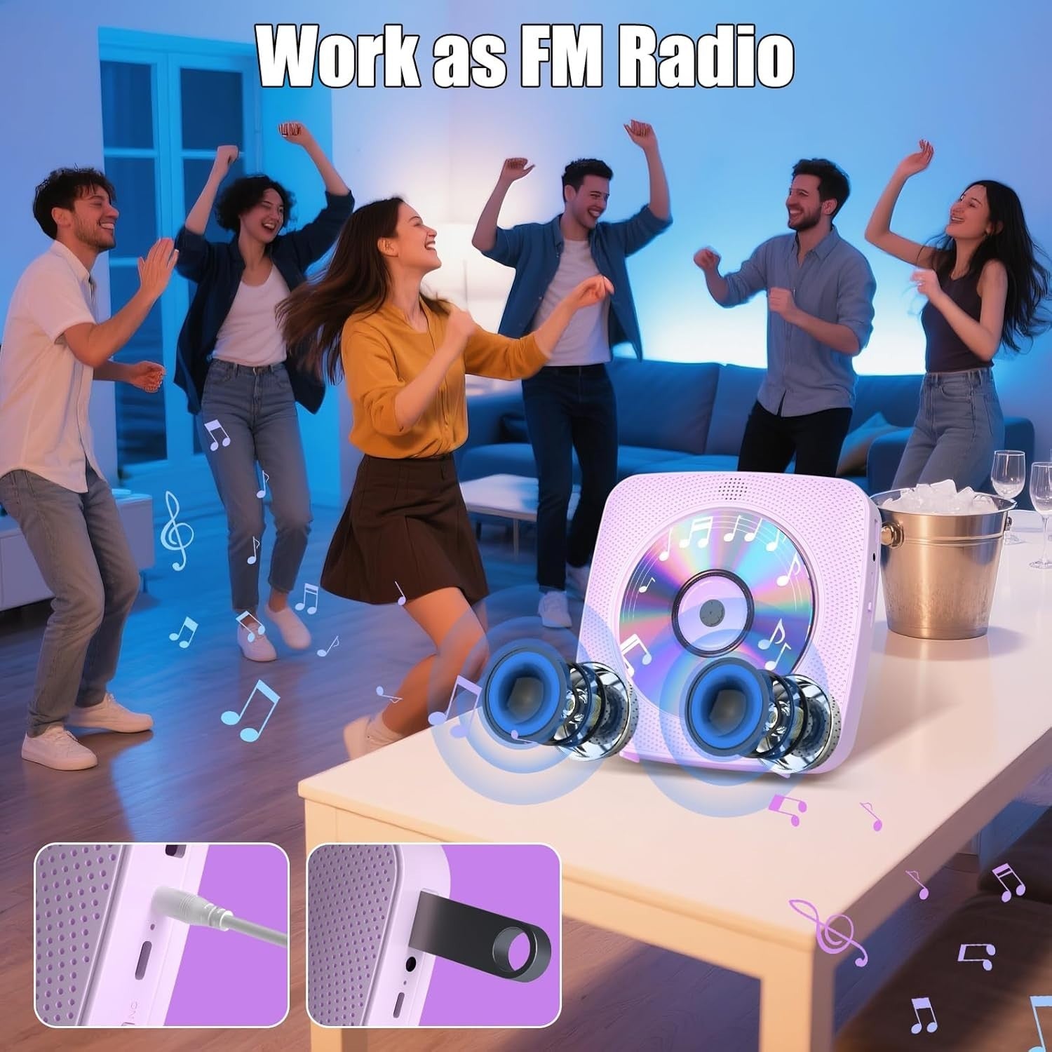 Desktop CD Player Bluetooth Speakers FM Radio USB AUX Remote Purple