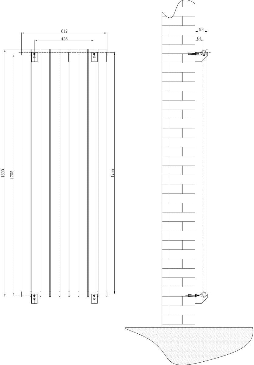 Vertical Black Flat Panel Radiator 1800x610mm Double Column High Heat