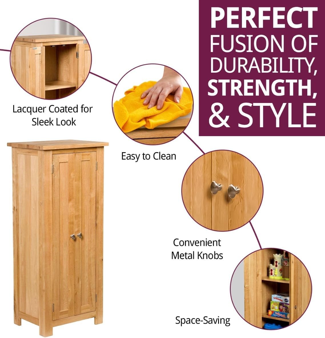 Narrow Oak Storage Cabinet 2 Door Cupboard | Adjustable Shelves Solid Wood Unit