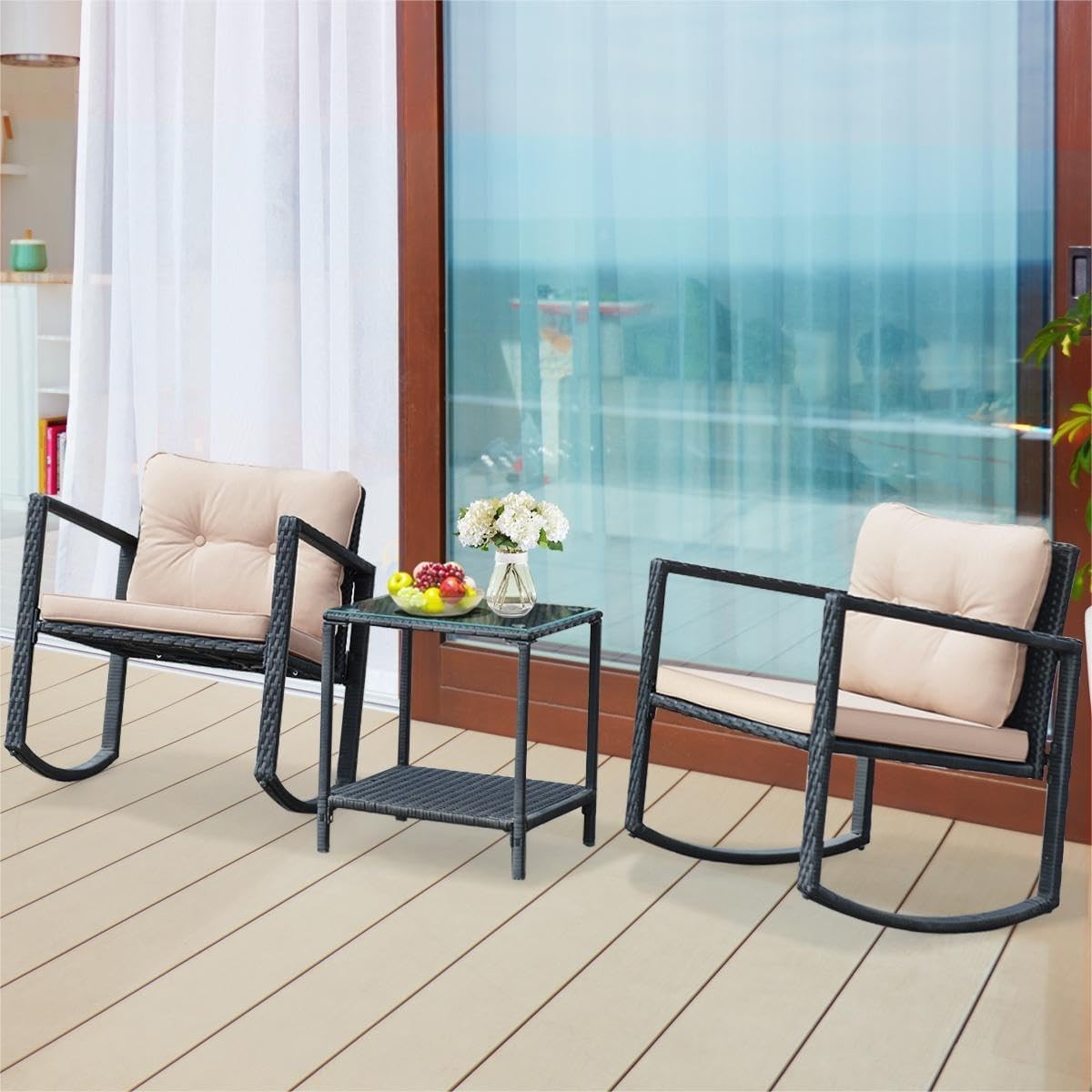 Rocking Rattan Patio Chair Set with Two Tier Glass Table Garden Balcony