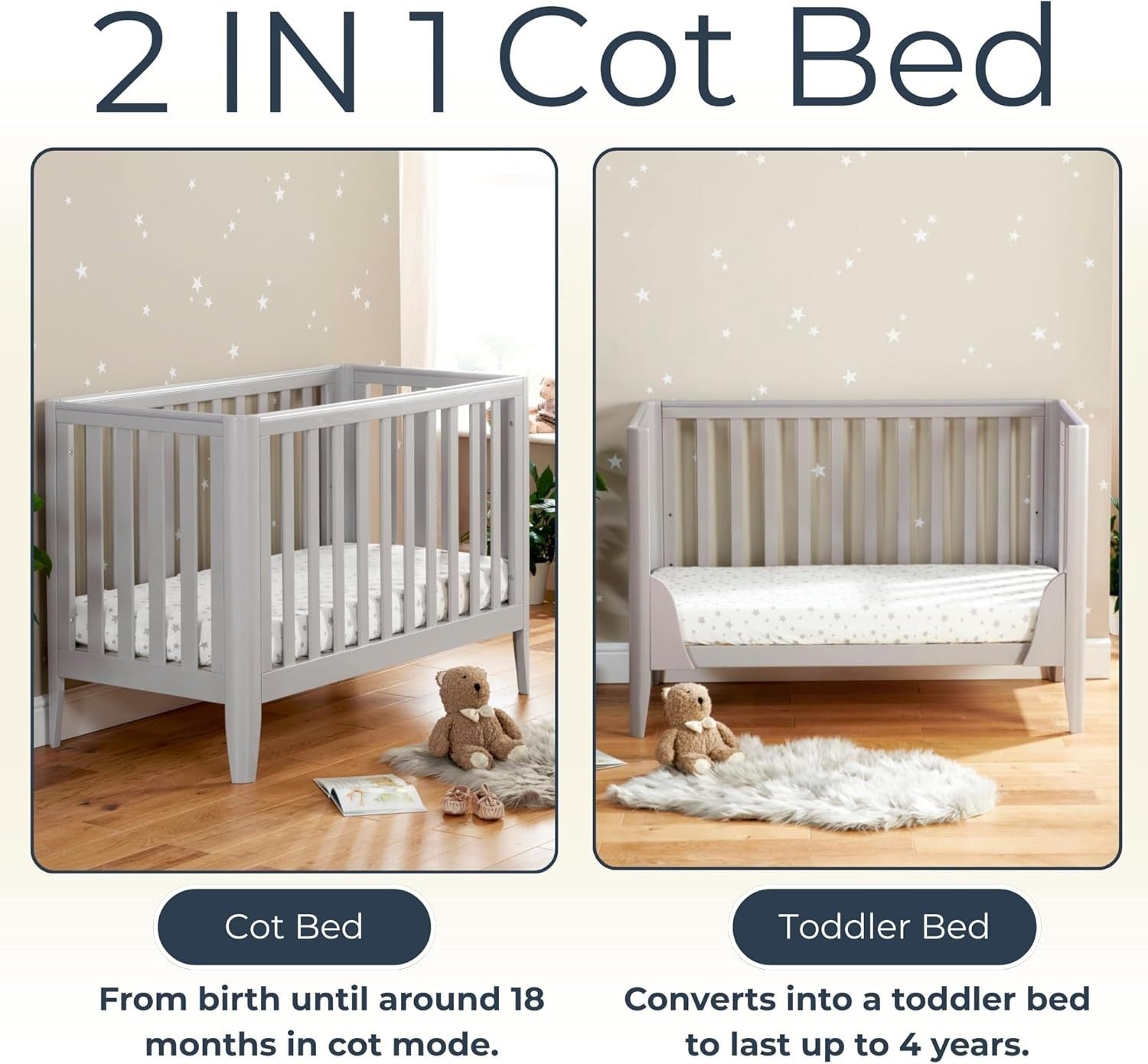 Convertible Mini Toddler Bed Baby Cot Bed and Sofa Adjustable Height Grey