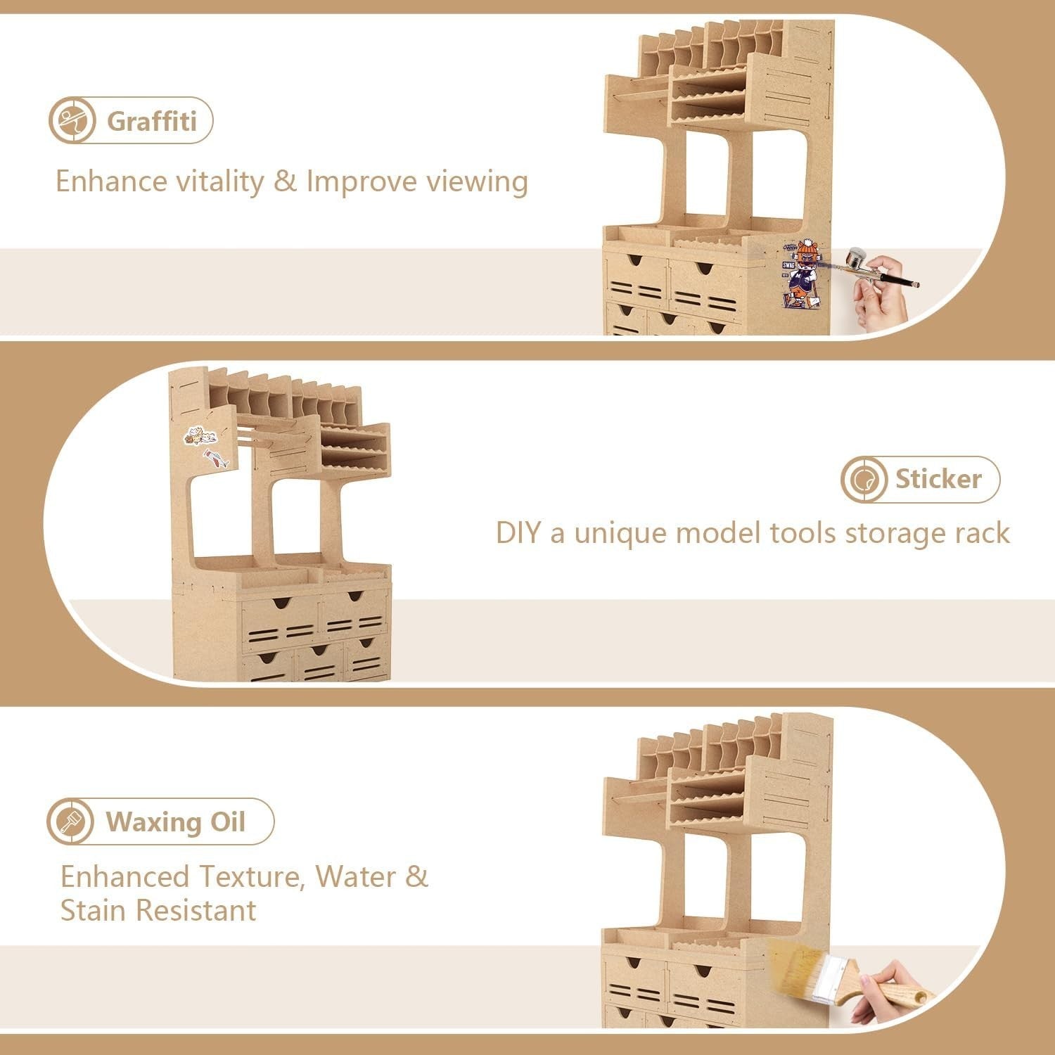 Adjustable Tabletop Paint Tool Rack 5-Compartment MDF 35.5D x 35.5W x 35.5H cm