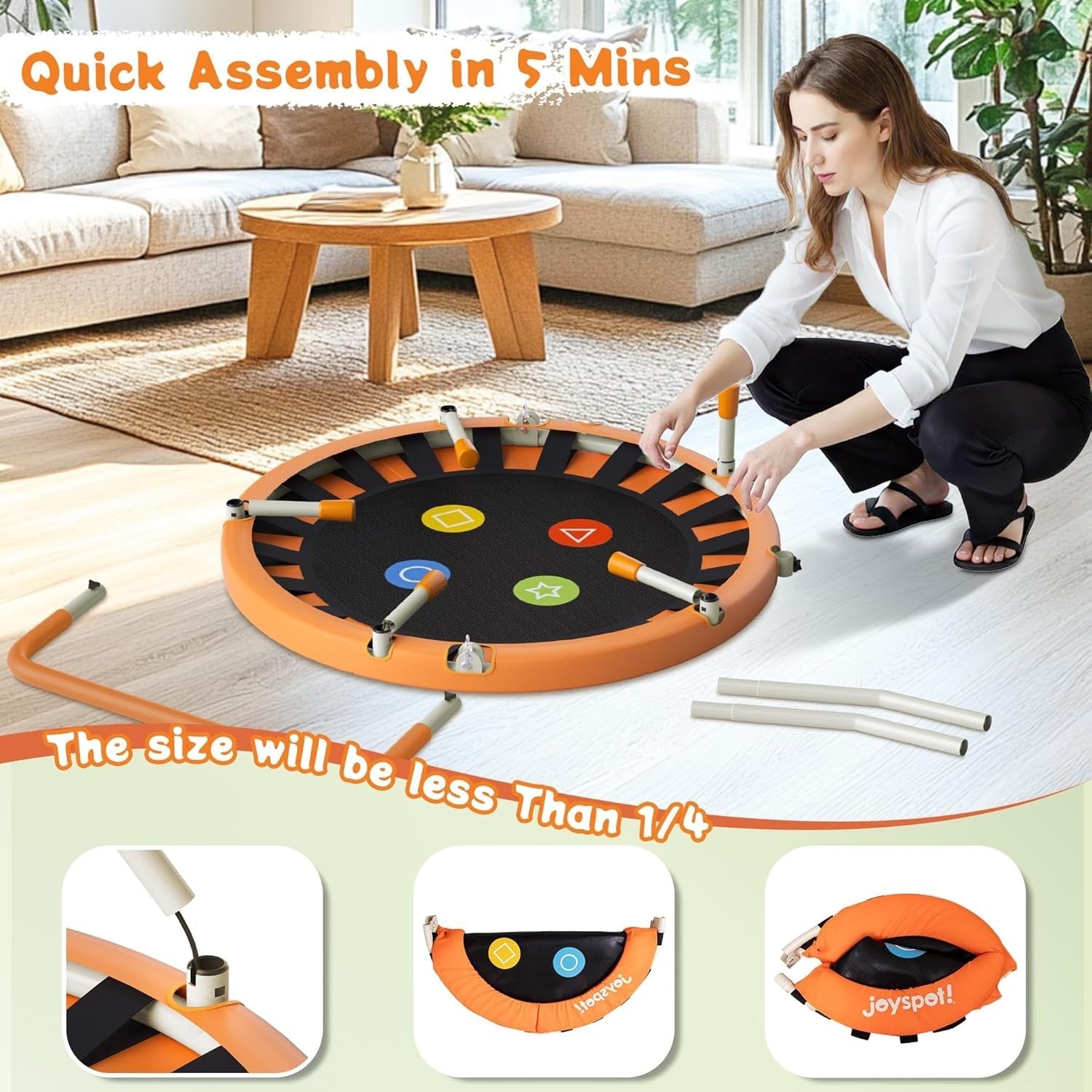 3FT Kids Trampoline Adjustable Handle Silent Indoor Rebounder Ages 1-6