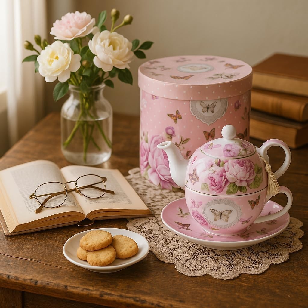 Tea for One Teapot Cup Saucer Set Vintage Rose Floral Gift Box Pink