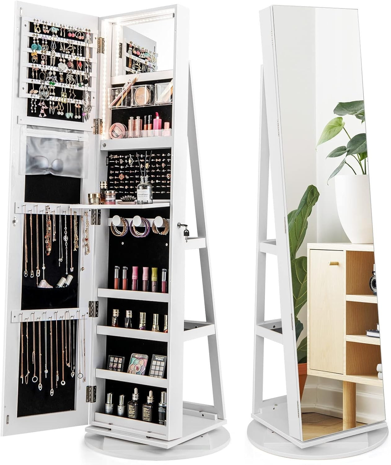 360° Rotating Jewelry Cabinet LED Mirror Lockable Freestanding Organizer