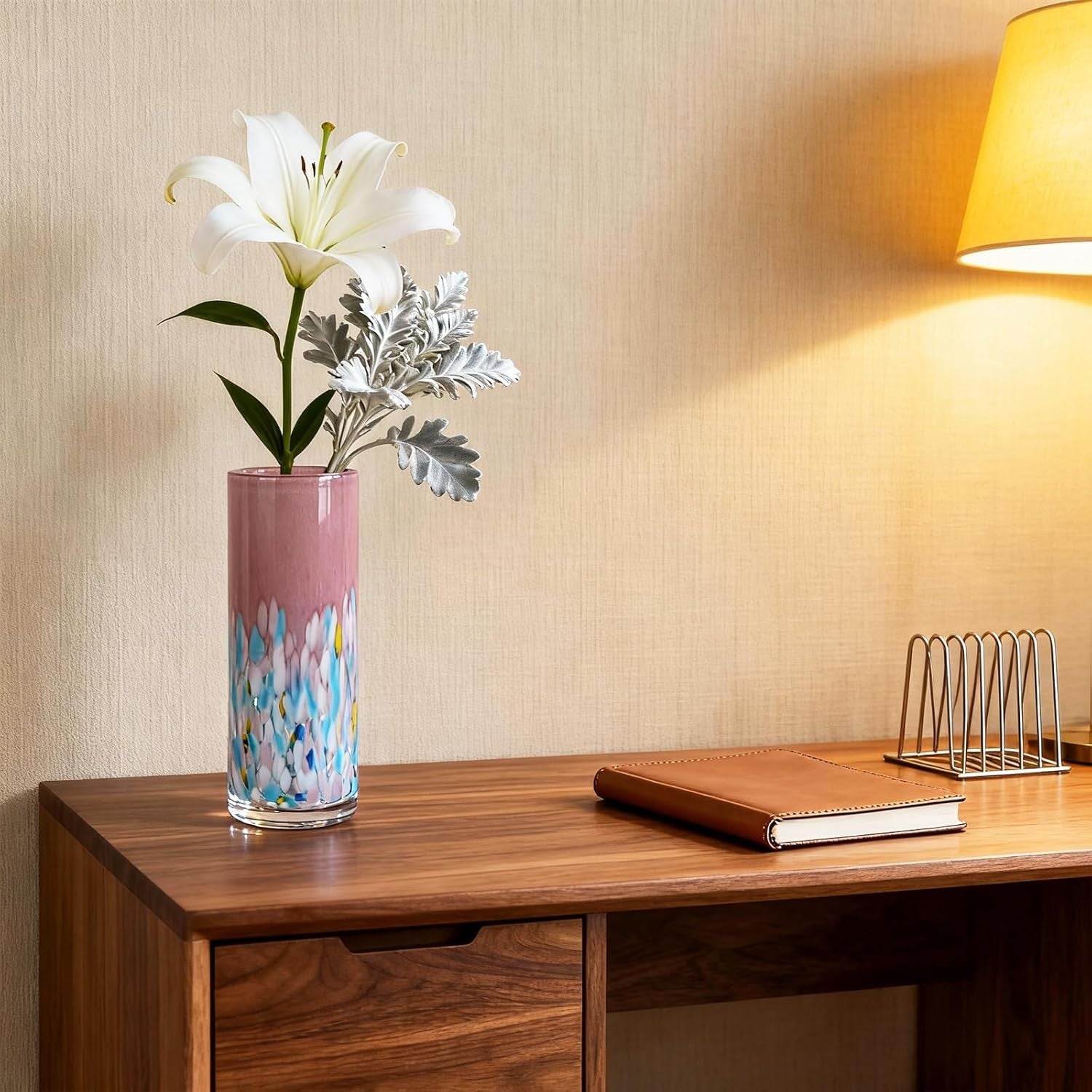 Hand Blown Pink Glass Vase 24cm Tall Modern Flower Centerpiece Decor