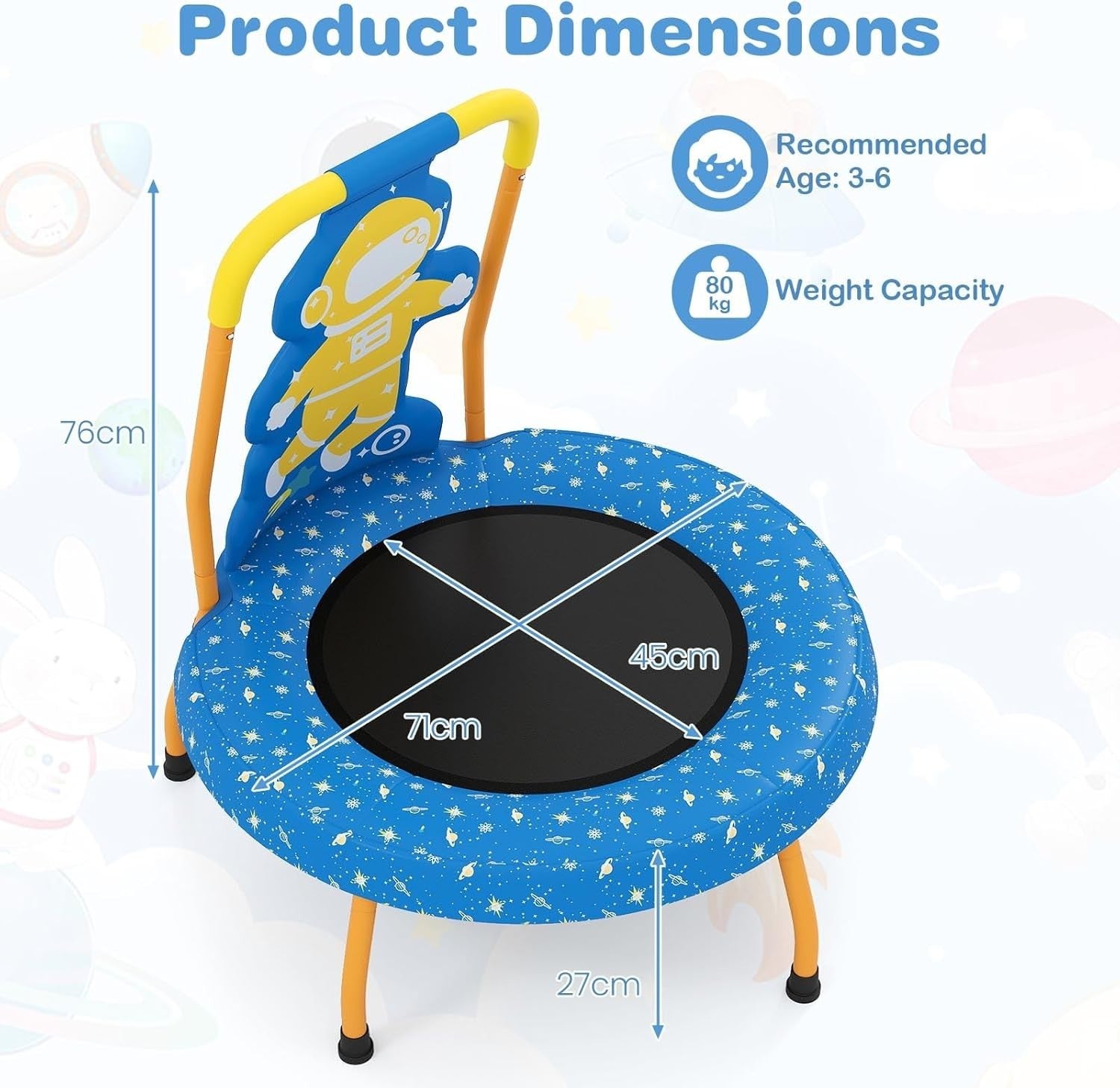 Toddler Mini Trampoline with Handle Safe Kids Rebounder 80KG