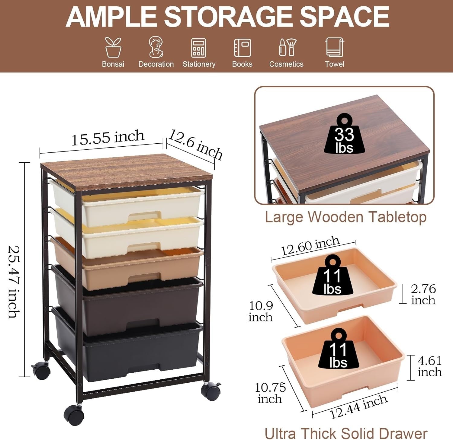 Rolling 5 Drawer Storage Organizer Cart Mobile Utility Cabinet Brown