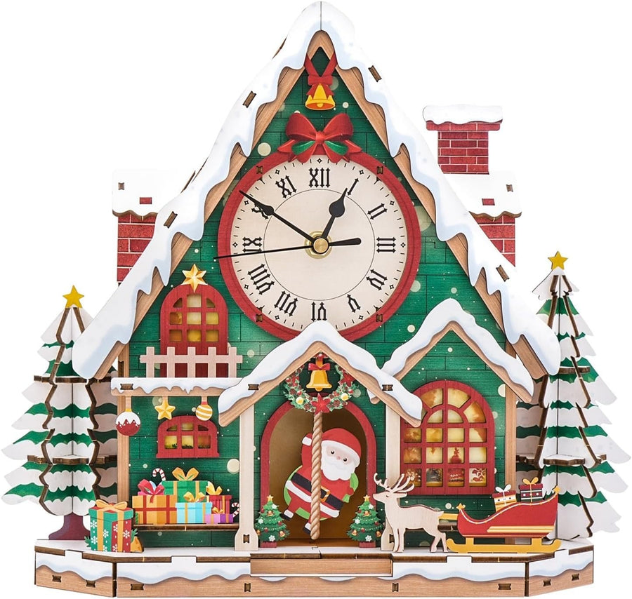 3D Wooden Christmas Clock Puzzle DIY Snowhouse Model Kit Holiday Decor