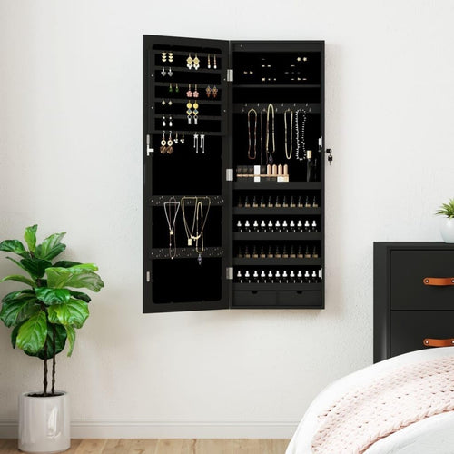 LED Wall Mounted Jewelry Cabinet Mirror Lockable Vertical Storage Black