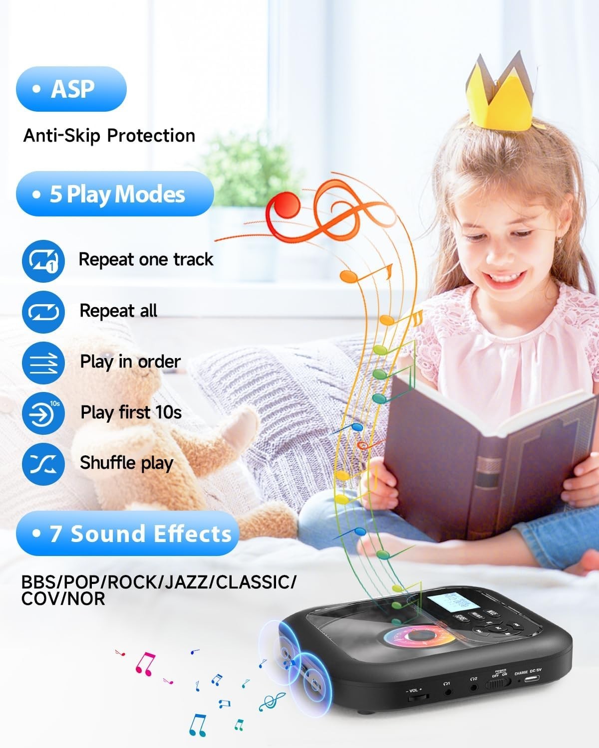 Portable CD Player Bluetooth FM Car Radio TF Card AUX Rechargeable