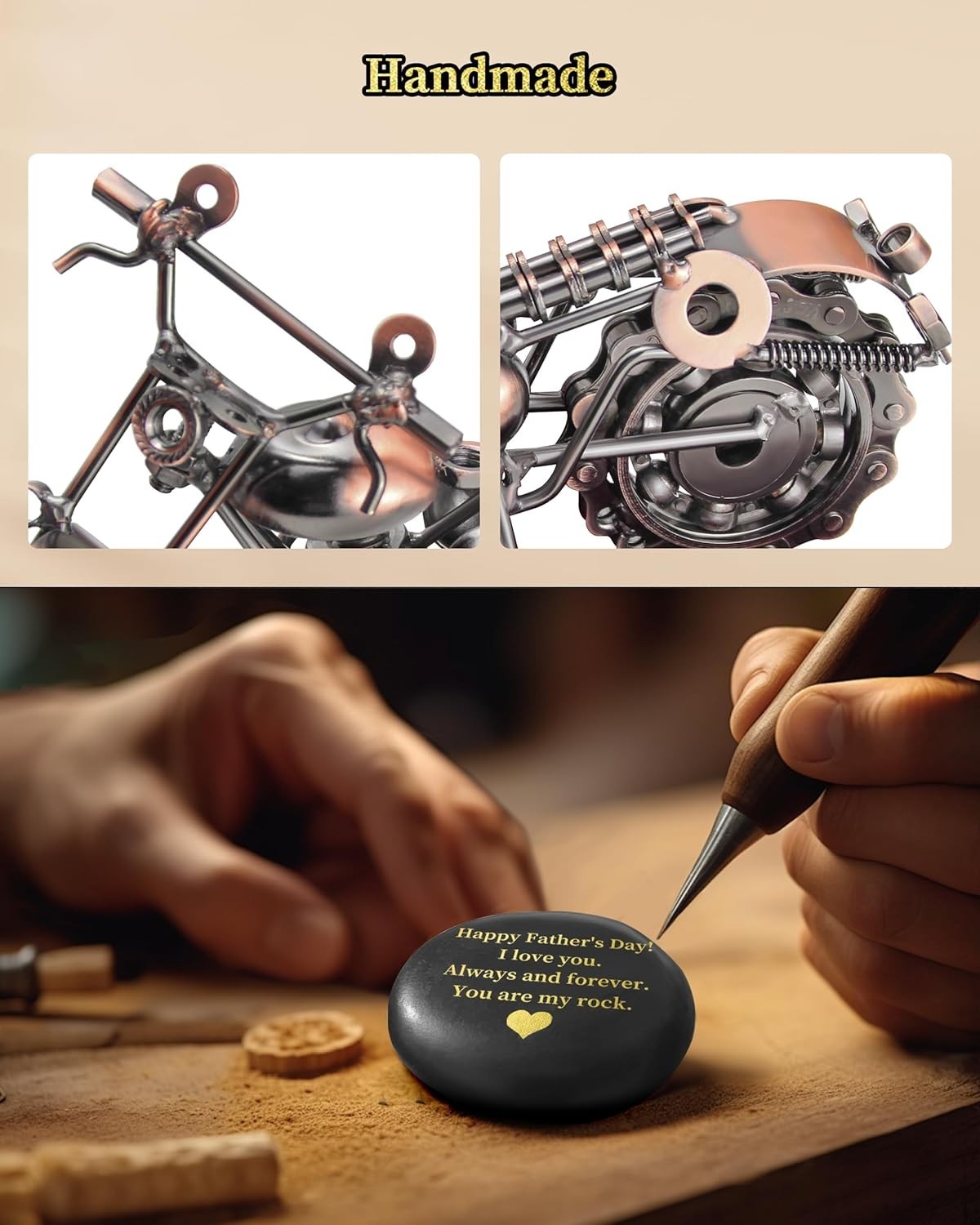 Retro Motorcycle Desk Ornament with Message Rock – Unique Gift for Dad or Him