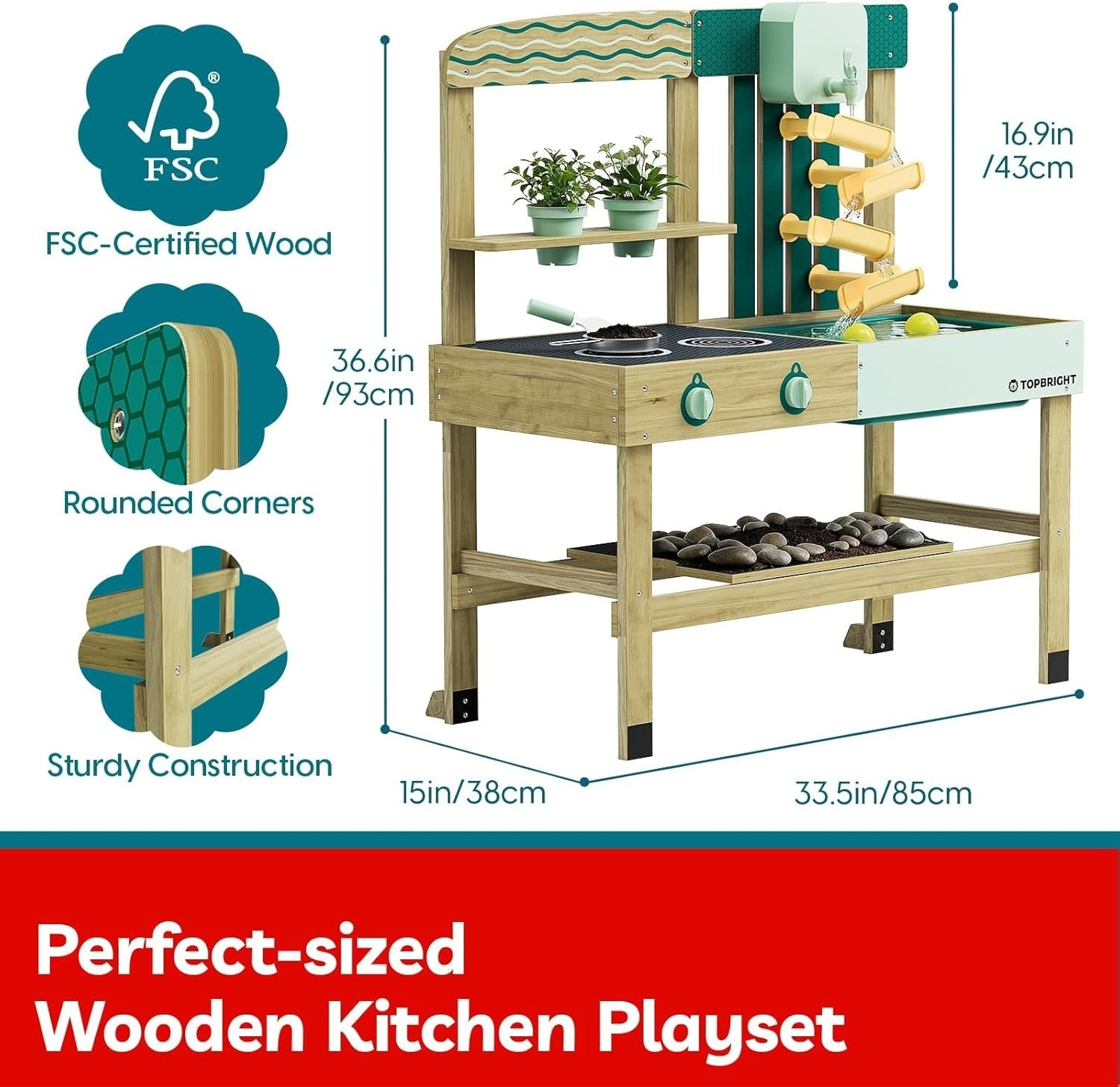 Outdoor Mud Kitchen for Kids Wooden Playset w/ Sink Faucet