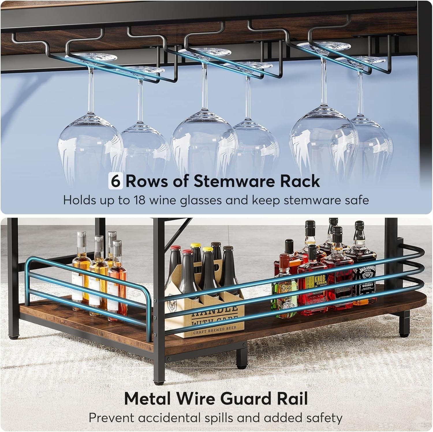L-Shaped Home Bar Unit with Wine Glass Rack & Shelves Rustic Brown Kitchen Pub