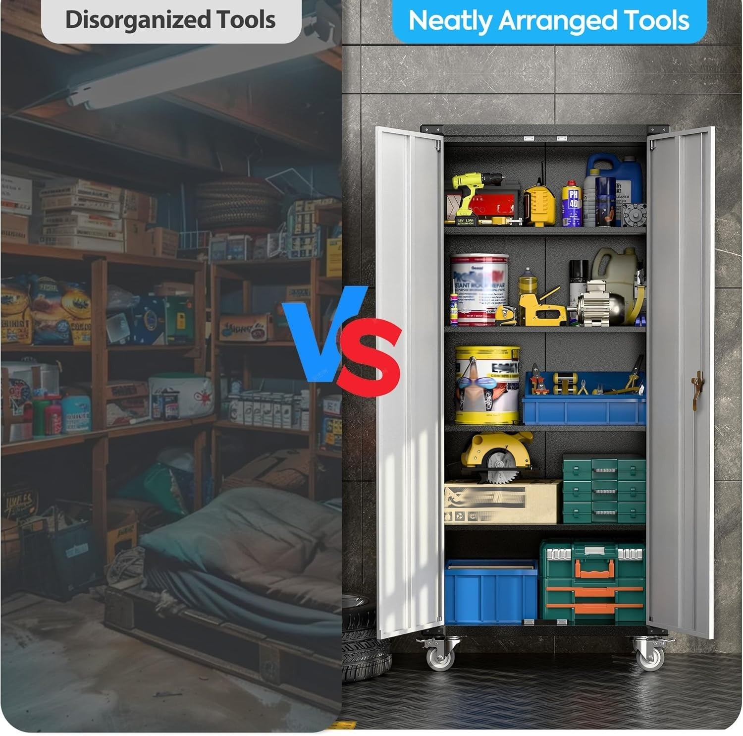 Tall Metal Storage Cabinet with Lockable Doors & Adjustable Shelves