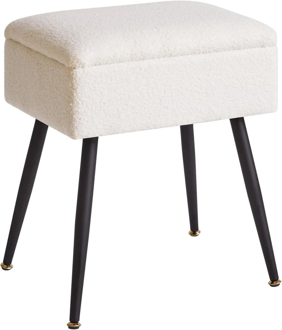 Warm White Teddy Fur Vanity Stool with Storage – Rectangular Makeup Chair