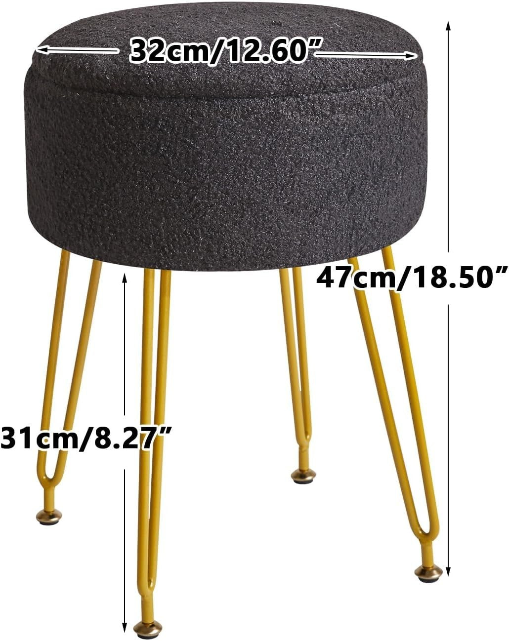 Black Teddy Velvet Storage Footrest Stool – Vanity Ottoman with Golden Legs