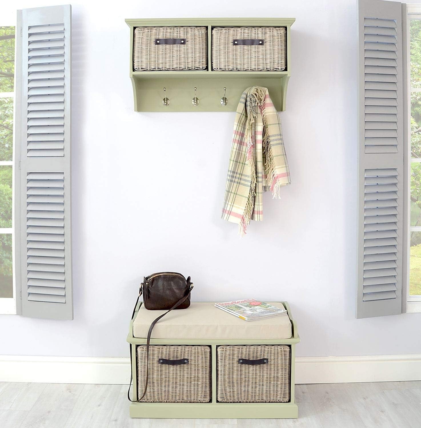 Wall Mounted Coat Rack with Baskets Sage Green Hallway Storage Shelf Unit